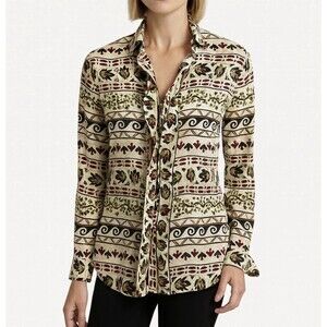 Louis Feraud Top Womens 14 Black Geometric Print Blouse Long Sleeve Vintage